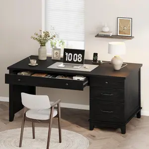 53.5" Wooden Home Office Desk with File Drawers, Executive Desk with Power Outlet, Farmhouse Wood Desk with Storage, Distressed Study and Work Table,Executive Computer Desk for Study, Workspace