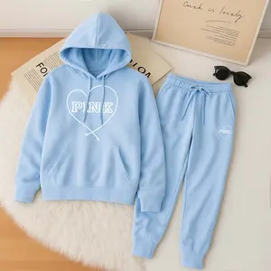 Women's Heart Pink Cartoon Print Hoodie And Drawstring Track Pants Set, Casual Sportswear, Long-Sleeved Hooded Jacket And Pants, Suitable For Autumn And Winter, Everyday Wear, Indoor And Outdoor Sportswear, Casual Sportswear.