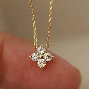 New Design Four Clover Necklace CZ Zircon Gemstone Lucky Four Flower Pendant Necklace Sterling Silver Dainty Simple Chain Choker Jewelry Gifts for Mom Daughter Valentines Day