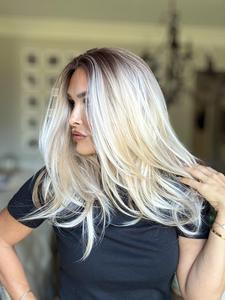 Carkira Diana Platinum Wig Highlight Blonde Ombre Color Long Layered Shoulder Length 13x4 Synthetic Fiber Lace Front Wig 18Inch Pre Plucked Hairline for Women