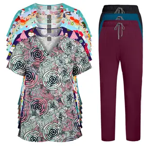 V-neck cartoon print workwear, nurse uniform, professional suit, solid color straight-leg pants