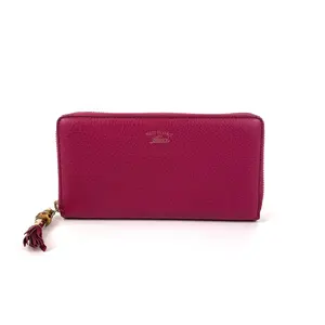 Pre-owned GUCCI Leather Wallet Rose Red Bamboo Tassel Long Zip Wallet，SH179