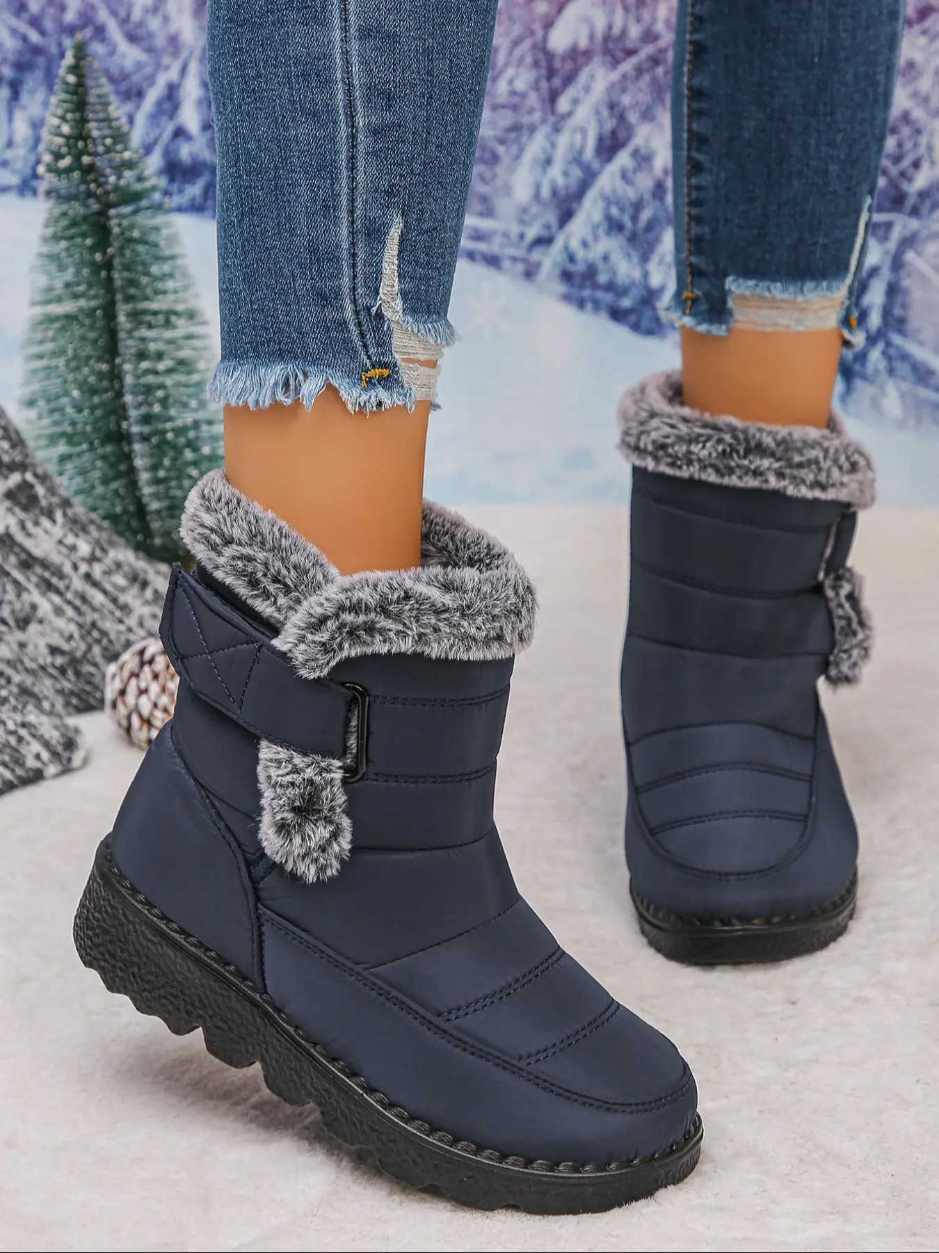Women's Winter Snow Boots, Fleece Lined Warm Short Ankle Booties, Non-Slip Plush Collar Buckle-Up Shoes for Cold Weather