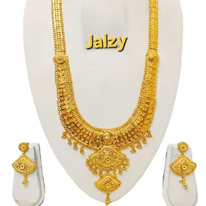 Jalzy Long Goldplated Necklace Set Indian Design with Matching Earrings for Traditional Wear
