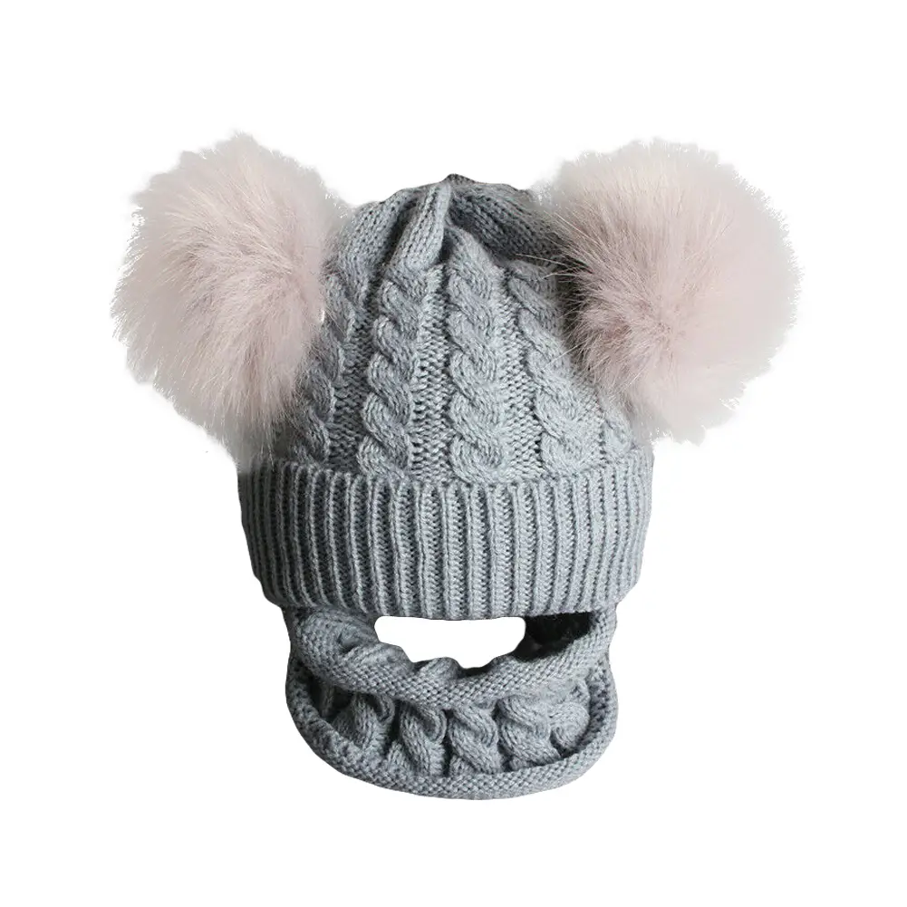 Baby Girl Boy Knitted Bobble Hat, Double Pompon Winter Warm Hat, Beanie Cap Scarf Neckwarmer