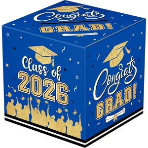 Graduation Card Box 2026 - Congrats Grad Card Boxes Holder, Blue and Gold Class of 2026 Graduation Gift Cards Box for Graduation Party Decorations 2026 Favors Decor Supplies Props,9x 9 x 9 inches