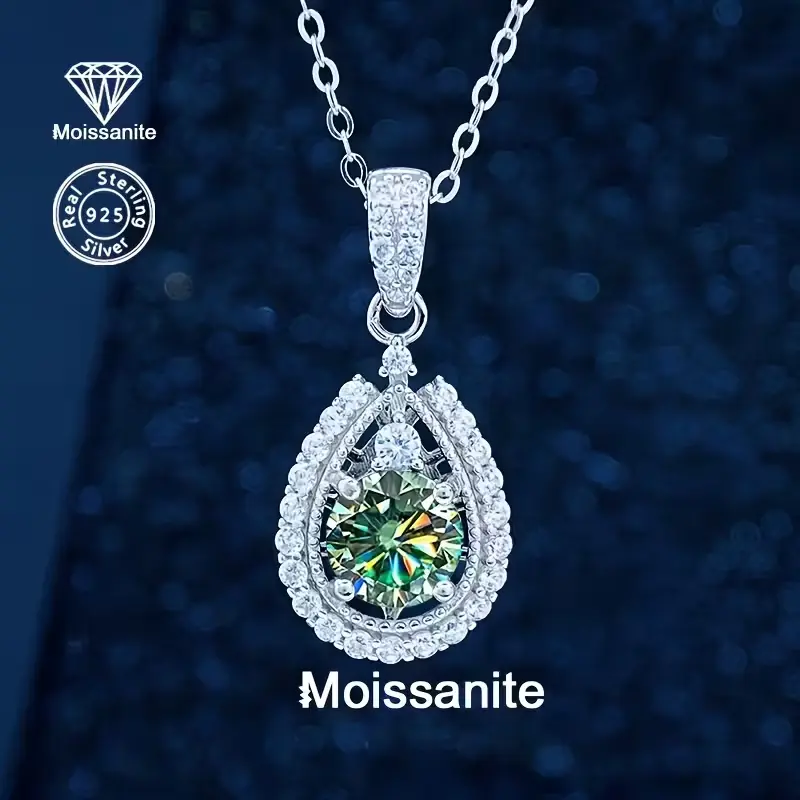 925 Sterling Silver 1CT Teal Green Moissanite Pendant Necklace, Teardrop Halo Design, Elegant Women's Jewelry, Perfect for Daily Wear/Weddings/Parties, Ideal Gift for Birthday/Valentine's Day/Mother's Day