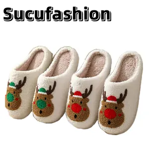 Sucufashion Women's Christmas Reindeer Slippers Soft Plush Lining Non-Slip Indoor Winter Home Slippers with Santa Claus Design