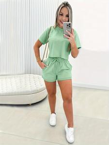 two-piece set women's solid color short sleeve crop tee & elastic waist tie front shorts set, casual style round neck t-shirt & pocket shorts for summer, ladies clothes for daily wear, womenswear, everyday cropped essential sets