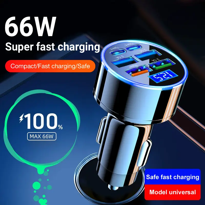Nuokaiqi Car mobile phone charger QC3.0 fast charging 1 to 6 car adapter plug PD car charger flash charging with digital display atmosphere light 5-Po