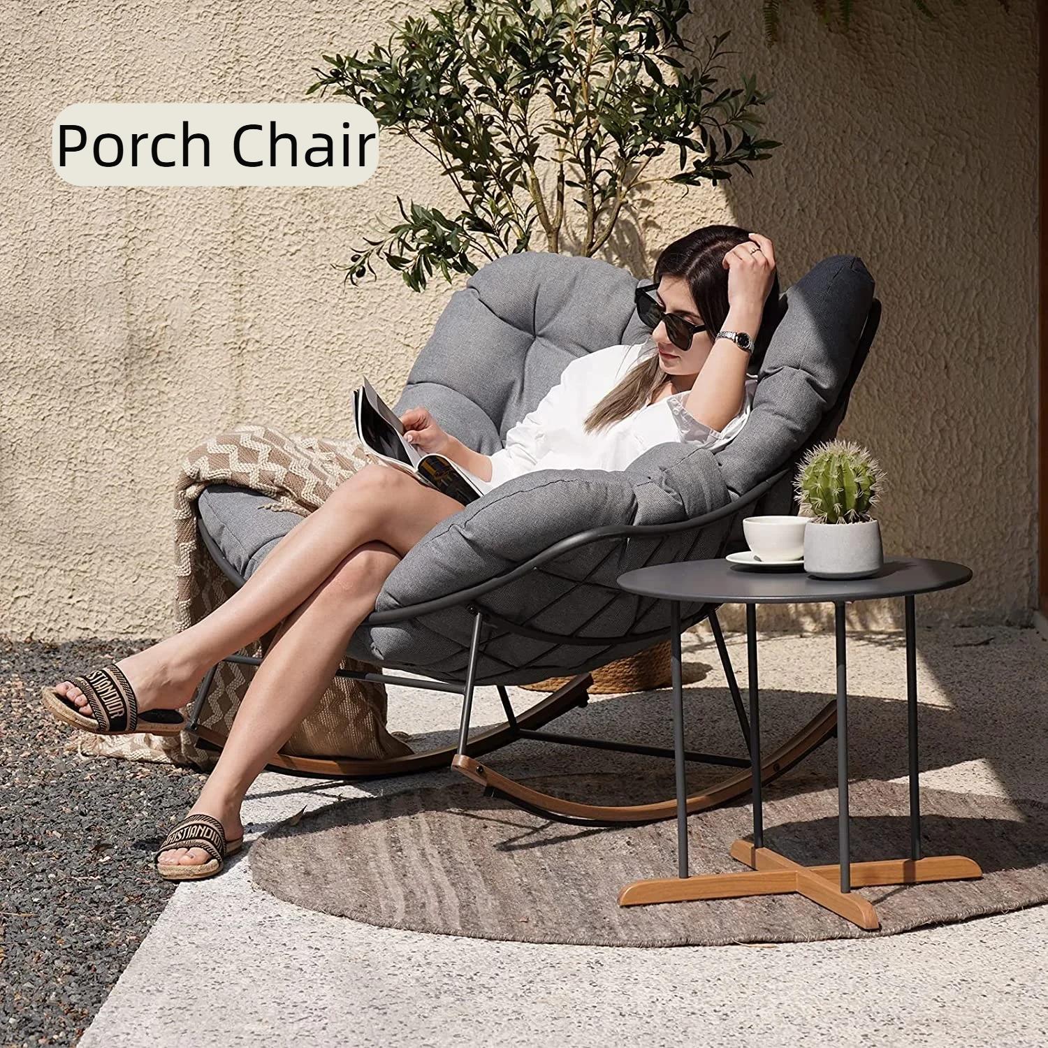 Outdoor Rocking Chair E-Coated Rocking Chair with Cushion Outdoor Rocker Recliner Chair for Patio Porch Garden Backyard Grey
