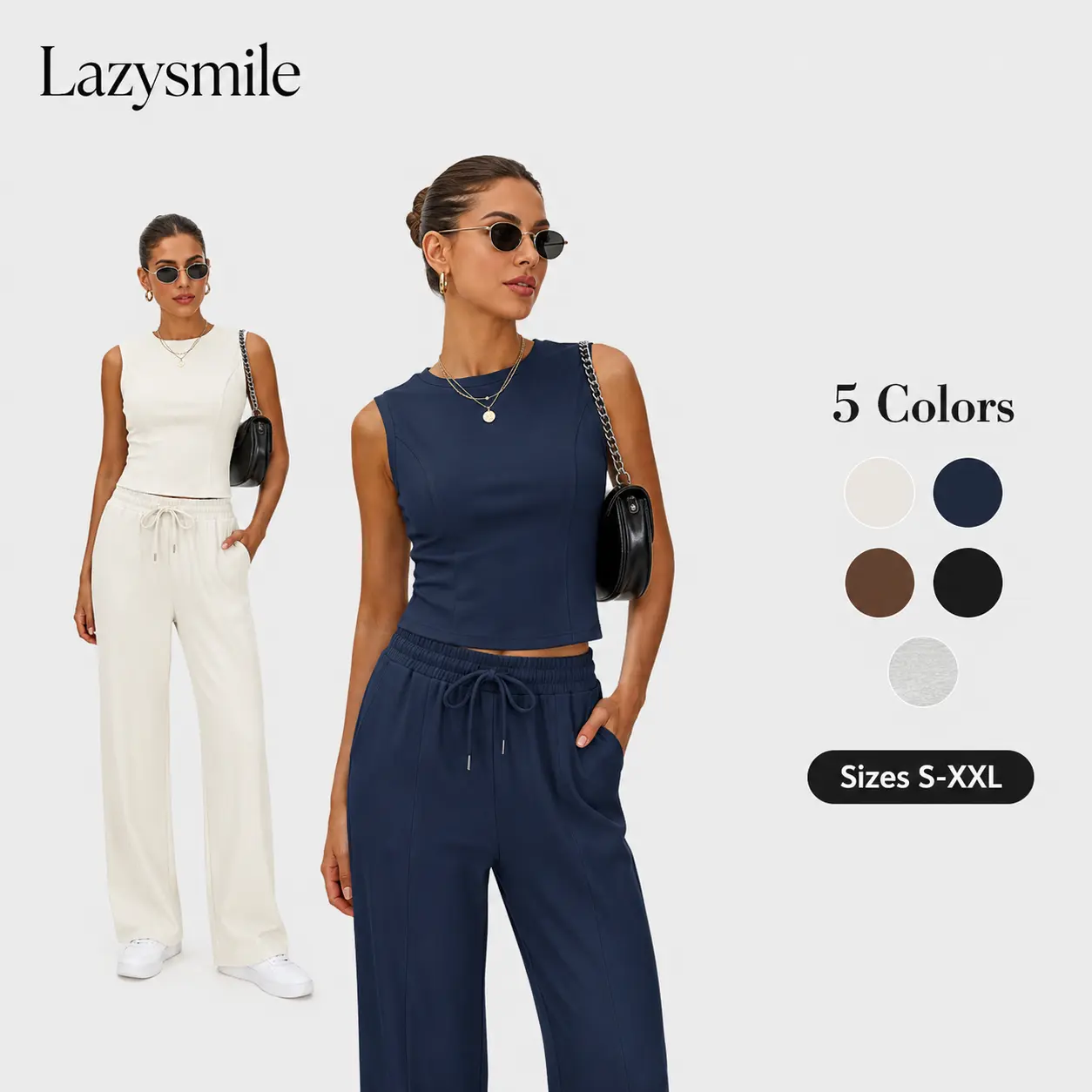 LAZYSMILE Women's 2-Piece Oversized Minimalist Casual Summer Lounge Tracksuit - Women's Clothes, Breathable Soft Fabric, Crew Neck Sleeveless Top, Loose-Fit Wide Leg Trousers with Slit Pockets, Round Neck, Below The Ankle, Cotton, Knitting, Elastane