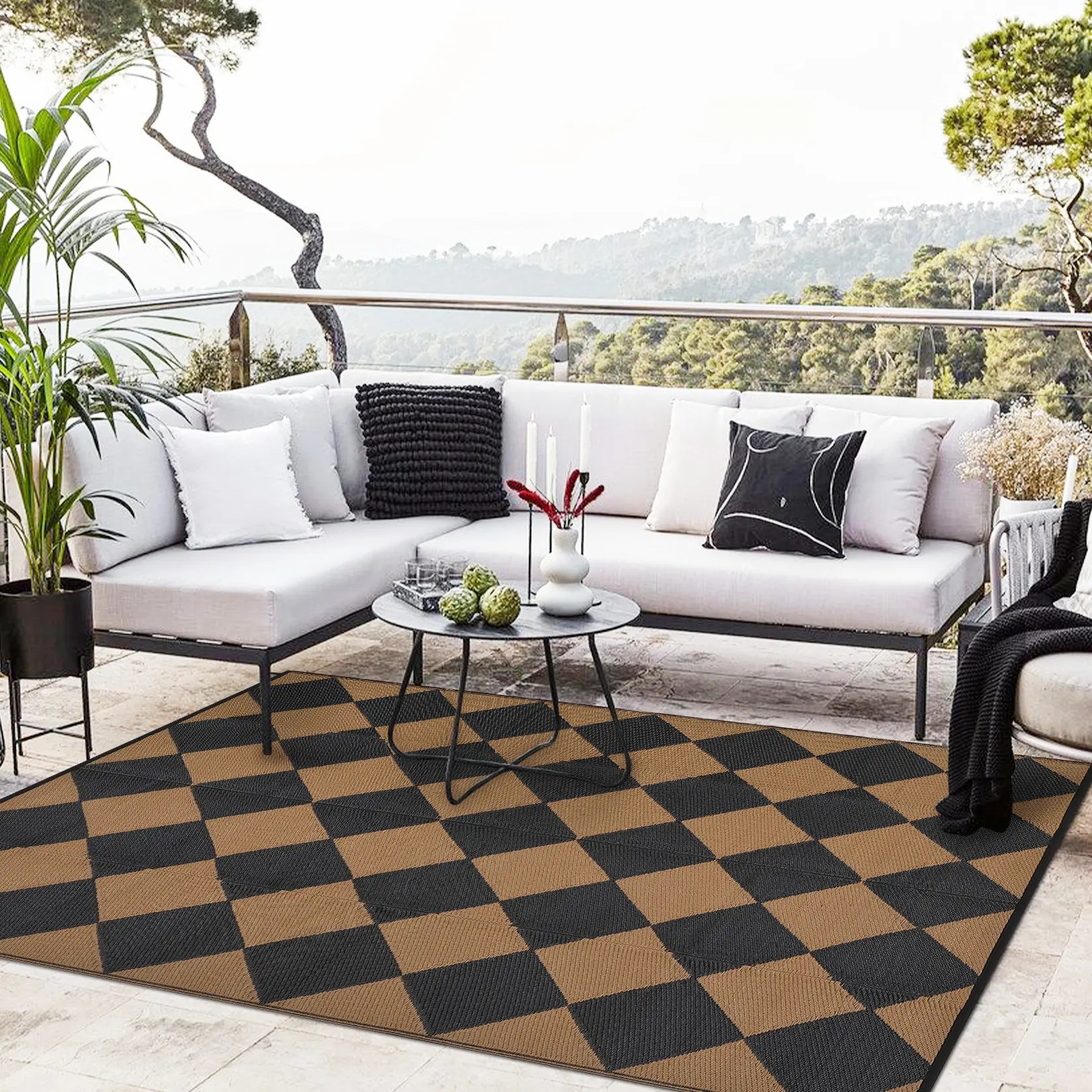 Outdoor Rug 320GSM PP Tube Woven Patio Area Rug, Modern Large Diamond Grid Black & White Outdoor Carpet for Deck Balcony Porch camping