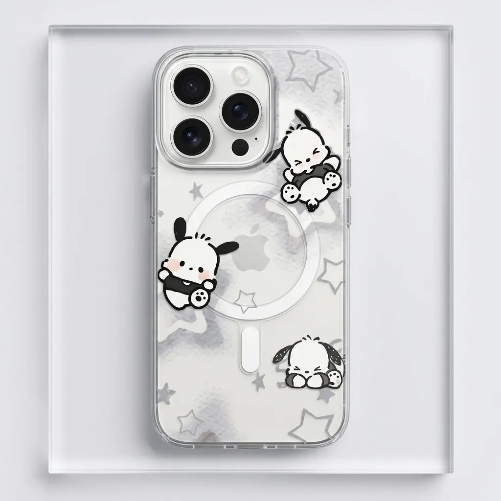 Pochacco Grey Smoky Cloud Clear Case for iPhone 11-17, Samsung Galaxy S22-S26 Ultra, Cute Aesthetic Stars Transparent Cover