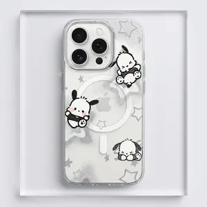 Pochacco Grey Smoky Cloud Clear Case for iPhone 11-17, Samsung Galaxy S22-S26 Ultra, Cute Aesthetic Stars Transparent Cover