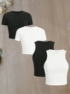 Four-Piece Set & Short Sleeve Tops, Short Sleeve T-Shirt + Basic Solid Tank Top Combo, Women Casual Summer