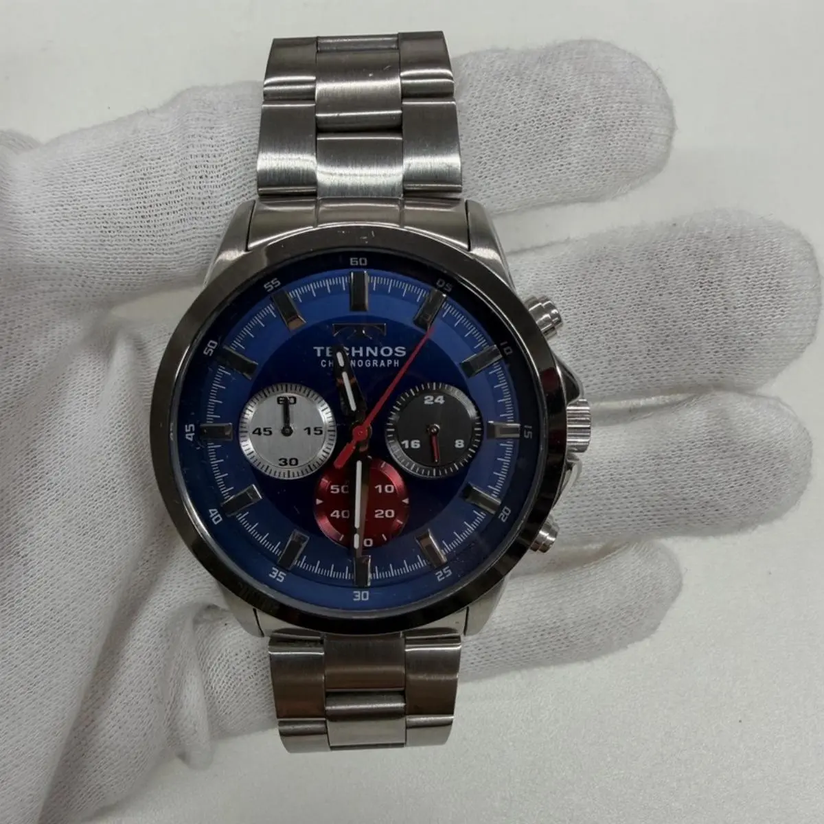 Pre-owned Other As Shown Shoulder Bags TECHNOS Chronograph Stainless Steel Blue Dial Quartz Watch 16cm 11426
