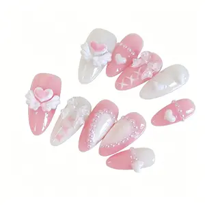 10 Pcs Handmade Nail Art, Cute Girl Style Gradient, 3D Angel Bow Pearl Star, Daily Commute Nails for Students, Nail Decoration Supplies