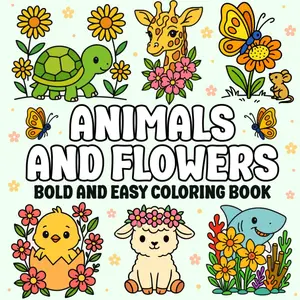 Bold and Easy Animals and Flowers: A Simple Coloring Book for Adults with 44 Fun and Relaxing Designs: Stress-Relief Coloring Book