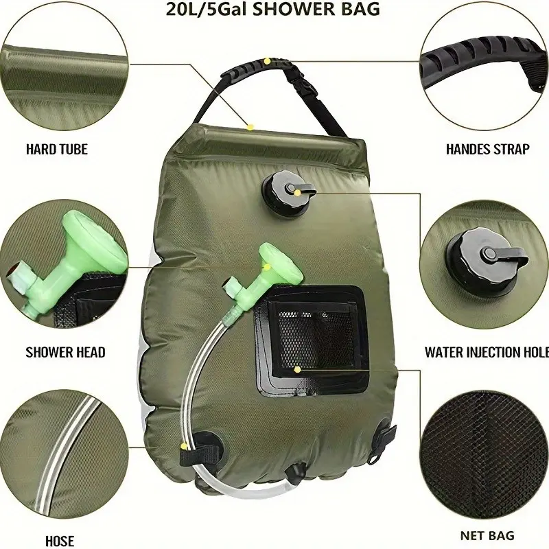 5 Gallon Solar Power Thermal Camping Shower - Enjoy Instant Warmth On-The-Go! Portable Bath Bag With Detachable Hose & Adjustable Showerhead Outdoor Travel Accessories