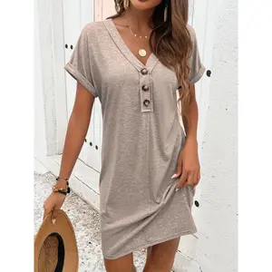 CasualShortSleeveVNeckDress-SolidColorButtonDecorSpring&SummerWomen'sClothing