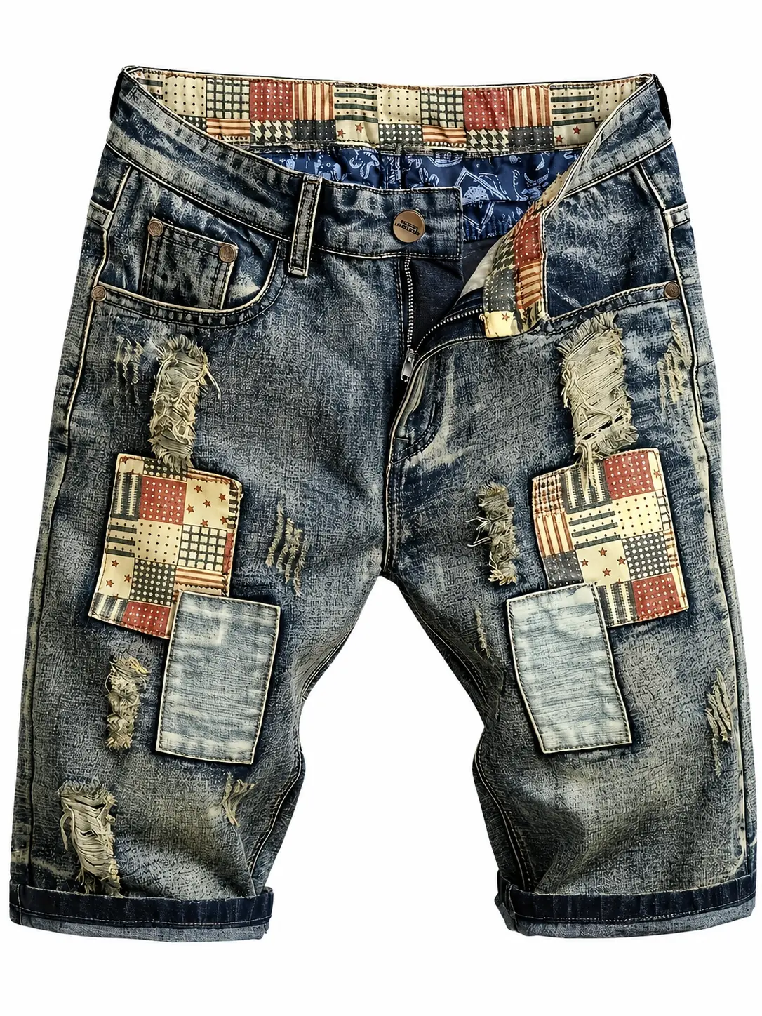 Men's Distressed Patchwork Denim Shorts, Vintage Wash Ripped Non Stretch Jean Shorts, Mid Length Bermuda Shorts for Casual Streetwear Summer