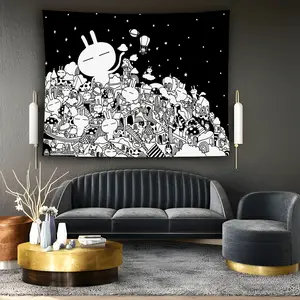 Black and White Minimalist Anime Tapestry - A group of cute characters with smiling, horizontal decoration, suitable dorm rooms, living rooms, office decor - Soft peach-beige, black and white line art, party backdrop, holiday decoration, furniture, minima