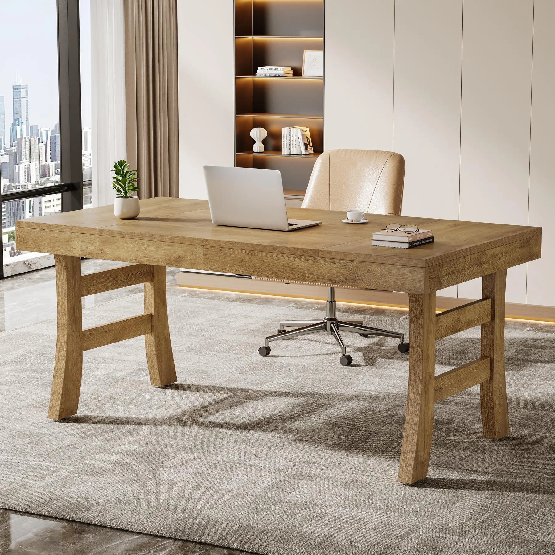 TRIBEWOOD 63" L x 31.5" W Durable Home Office Executive Office Desk - 200 lb Capacity Farmhouse Look Workstation, Sturdy Legs Writing Table with Minimalist Aesthetic, Large Natural Wood Grain Surface Commercial Furniture, Light Brown, Assembly Required