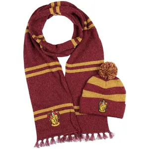 Harry Potter Hogwarts Houses Knit Scarf & Pom Beanie Set Tassel Decor Shawl Solid Color Shawl
