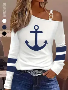 Women's Anchor Print Asymmetrical Neck Tee, Casual Long Sleeve T-shirt for Daily Wear, Ladies Clothes for All Seasons, Clothing