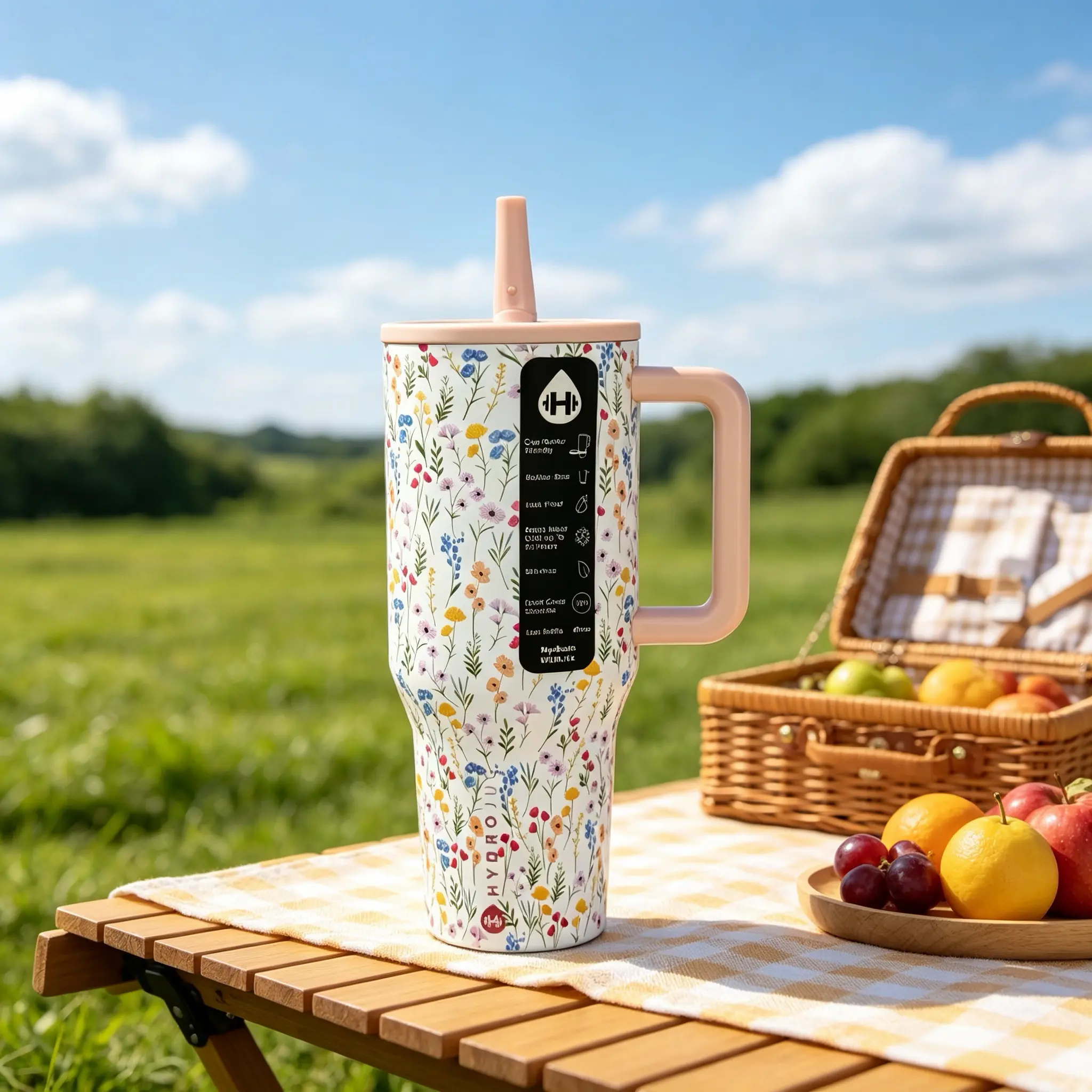 HydroJug 40oz Stylish Wild Floral Vacuum Tumbler - Stainless Steel Flask with Pink Handle, Straw, 24-Hour Cold Insulation, Leak-Proof, Garden-Inspired Travel Drinkware for Gym, Outdoor Use