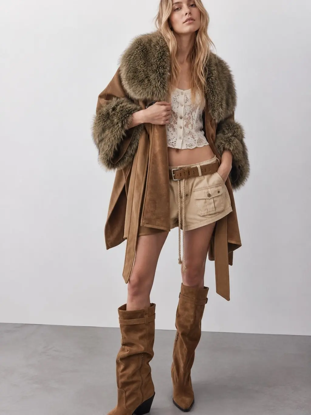 Women’s One Size Old Money Plain Solid Mid-Length Suede-Like Belted Poncho Cape Coat, Oversized Faux Fur Collar & Cuffs, Toggle Closure Fall Winter Outerwear