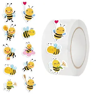 Cute Bee Pattern Sticker, 500pcs/roll Round Cartoon Animal Sticker, Fun Sticker, Student Round Reward Sticker for Kids
