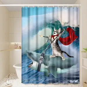 1pc Heroic Cat Riding Shark Fantasy Printed Shower Curtains with Plastic Hooks Shower Curtain for Bathtub Bathroom,Suitable for Home and Hotel Machine Washable Bathroom Decor as Best Christmas Gifts for Friends