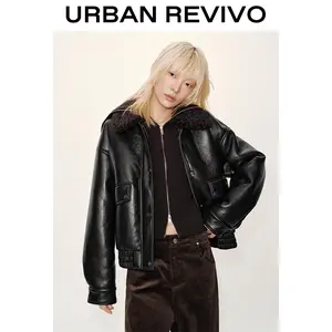 URBAN REVIVO Women's Fitted Regular-Long Sleeve Faux Fur Collar Faux Leather Bomber Jacket - Casual Outerwear Coats, UYL150151