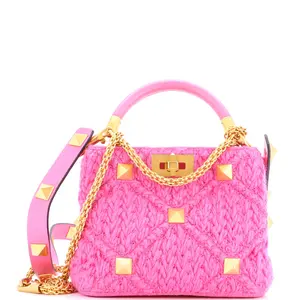 Pre-owned Valentino Leather, Wool Top Handle Bags Garavani Roman Stud Top Handle Bag Woven Wool with Leather Small by Rebag