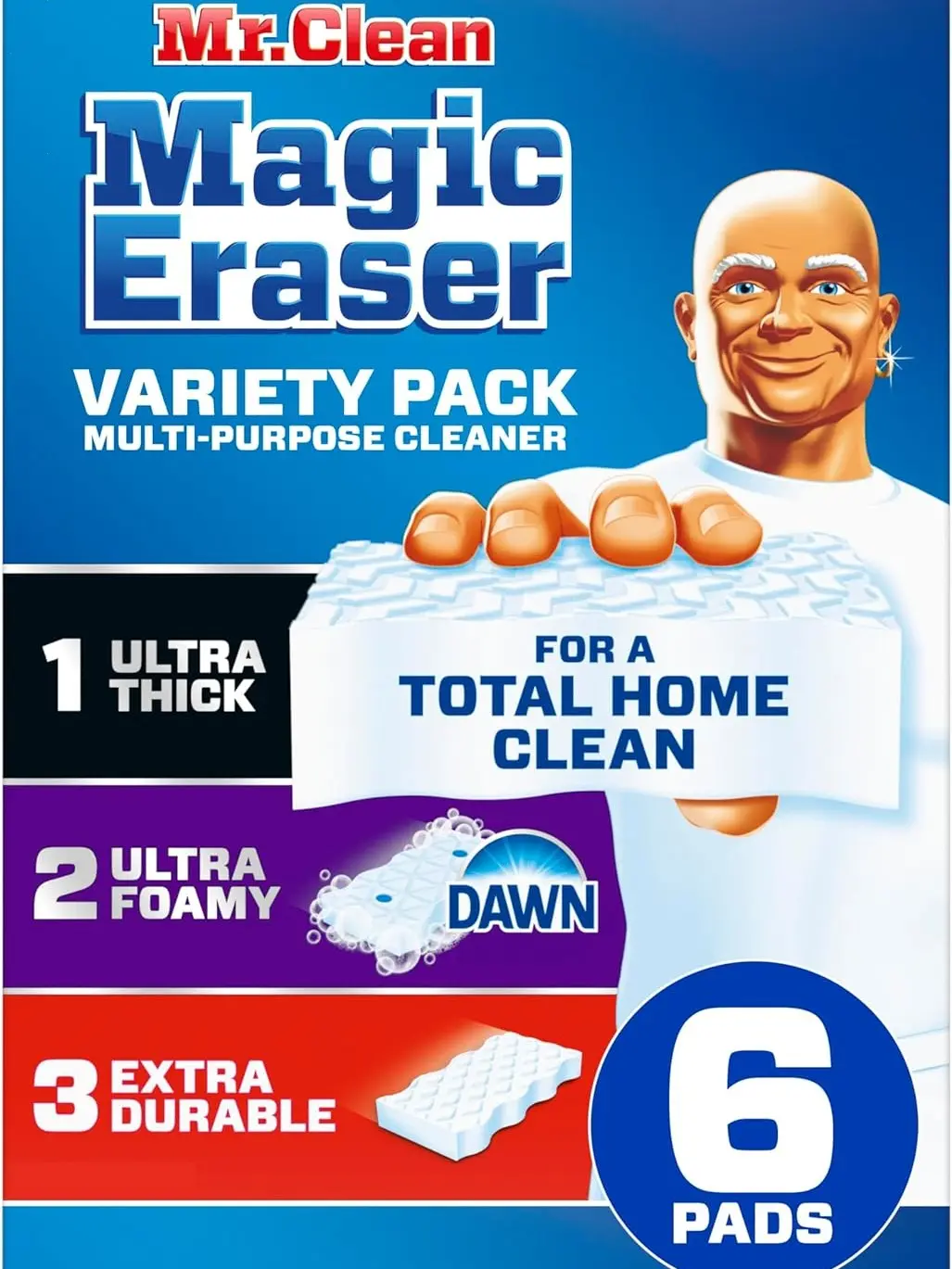 Mr. Clean Magic Eraser Variety Pack with Ultra Thick, Ultra Foamy, and Extra Durable Multi Purpose Cleaner, Magic Eraser Sponge Multi Surface Cleaner, 6ct