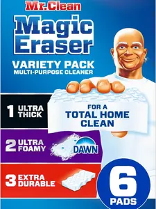 Mr. Clean Magic Eraser Variety Pack with Ultra Thick, Ultra Foamy, and Extra Durable Multi Purpose Cleaner, Magic Eraser Sponge Multi Surface Cleaner, 6ct