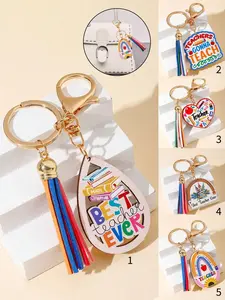 Creative Keychain Heart Pencil Tassel Colorful Geometric Shape Teacher Wooden Brand Keychain Bag Pendant Car Key Accessories Gift