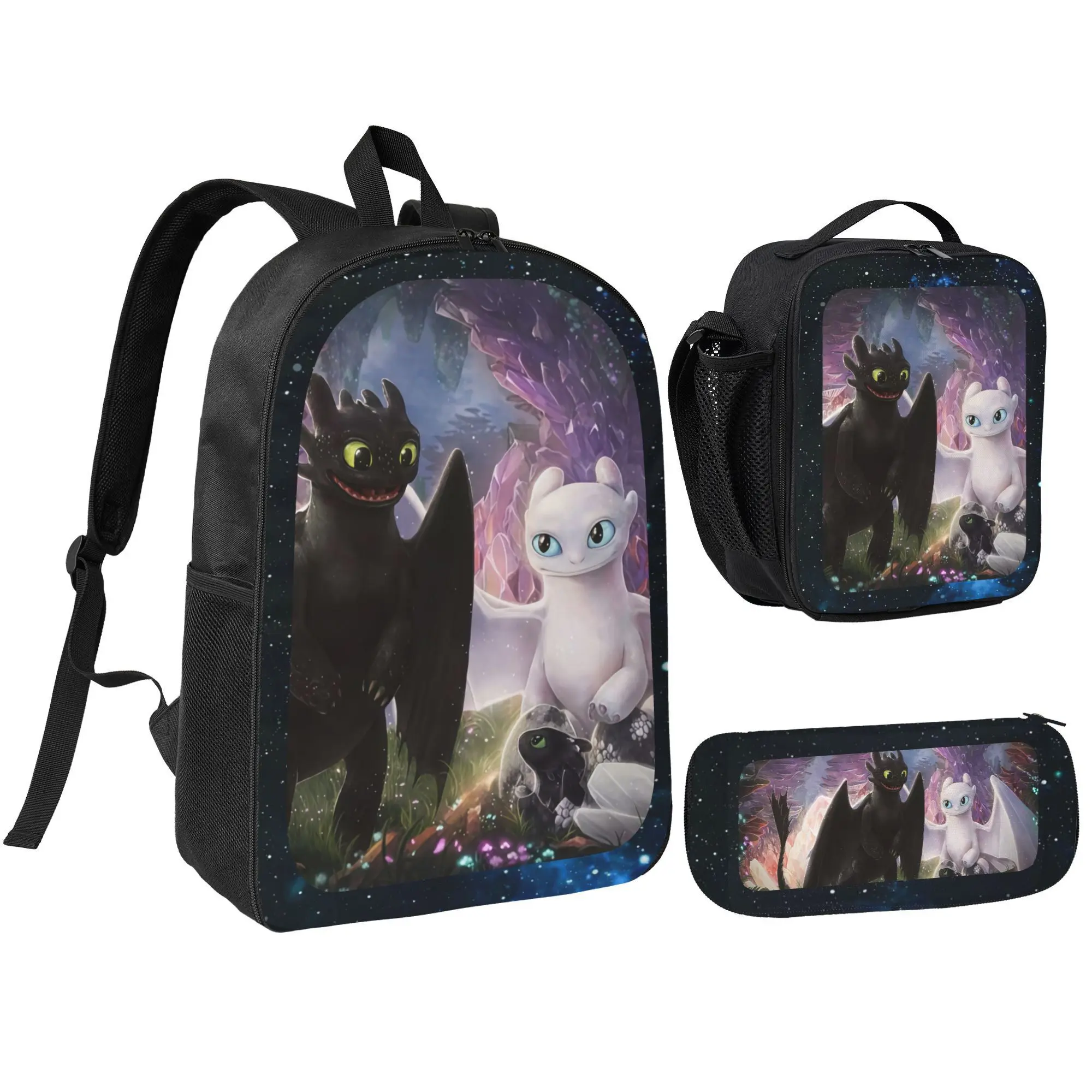 Unisex How to Train Your Dragon 79 backpack 3Pcs for Teen Girls Boys School Bookbag with LunchboxPecil box, office travel bag