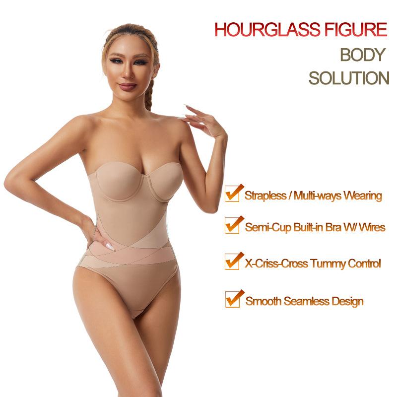 Plus Size Shapewear Bodysuit Strapless Dress Special Corset with Underwire Bra Seamless Tummy Control Waist Cincher Womenswear Compression Basic Minimalist s seamless invisible support Black
