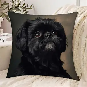 18x18 Inch Retro Black Shih Tzu Decorative Pillowcase with Zipper Closure - Cute Dog Design for Living Room, Home, or Office Decoration (No Insert), Multi-functional Home Decor Item | Vintage Dog Design | Polyester Fiber Covering Layer, Dog Decoratio