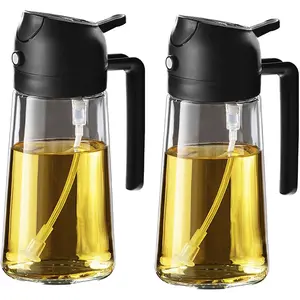 16oz/470ml Glass Olive Oil Sprayer for Cooking - 2 in 1 Olive Oil Dispenser for Kitchen Gadgets, Air Fryer, Salad, and BBQ - 2 Black Bottle Utensils Nozzle