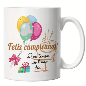 Ceramic Coffee Cup with Colorful Balloon Ribbon Gift Pattern, Featuring Spanish Birthday Wishes, Suitable as a Special Birthday Gift for Daughter or Son