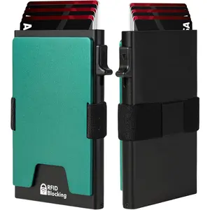 Minimalist Mens Card Holder Wallet, RFID Blocking Slim  Pop Up  Wallet,Holds 12+ Cards,Expandable Compact Plate, Strap/ Clip (Forest Green)