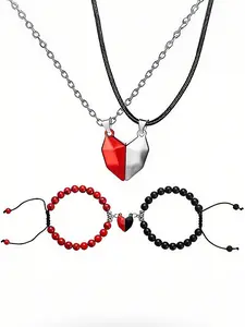 Valentine's Day Couple Jewelry Set 4pcs Natural Crystal Stone Bracelet and Durable Alloy Chain Necklace Pendant, Magnetic Heart Bracelet Hexagonal Column Necklace Gift
