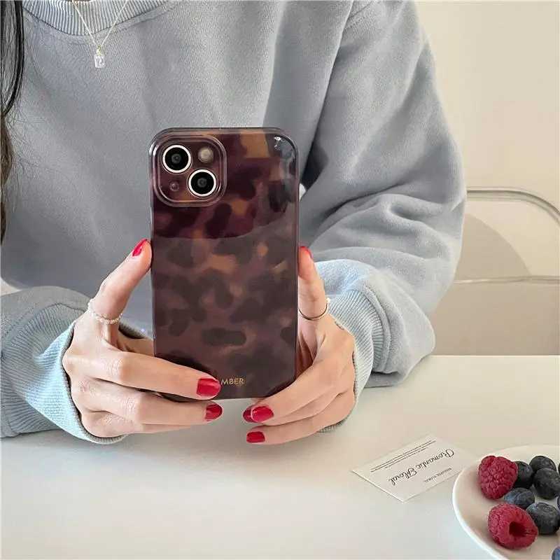 Vintage Amber Leopard Print Phone Case, Accessories, Creative Shockproof Anti-Drop Protection Cover, Decorative Phone Protector, Retro Style, Fits iPhone 12 13 14 15 16 17 Pro Max