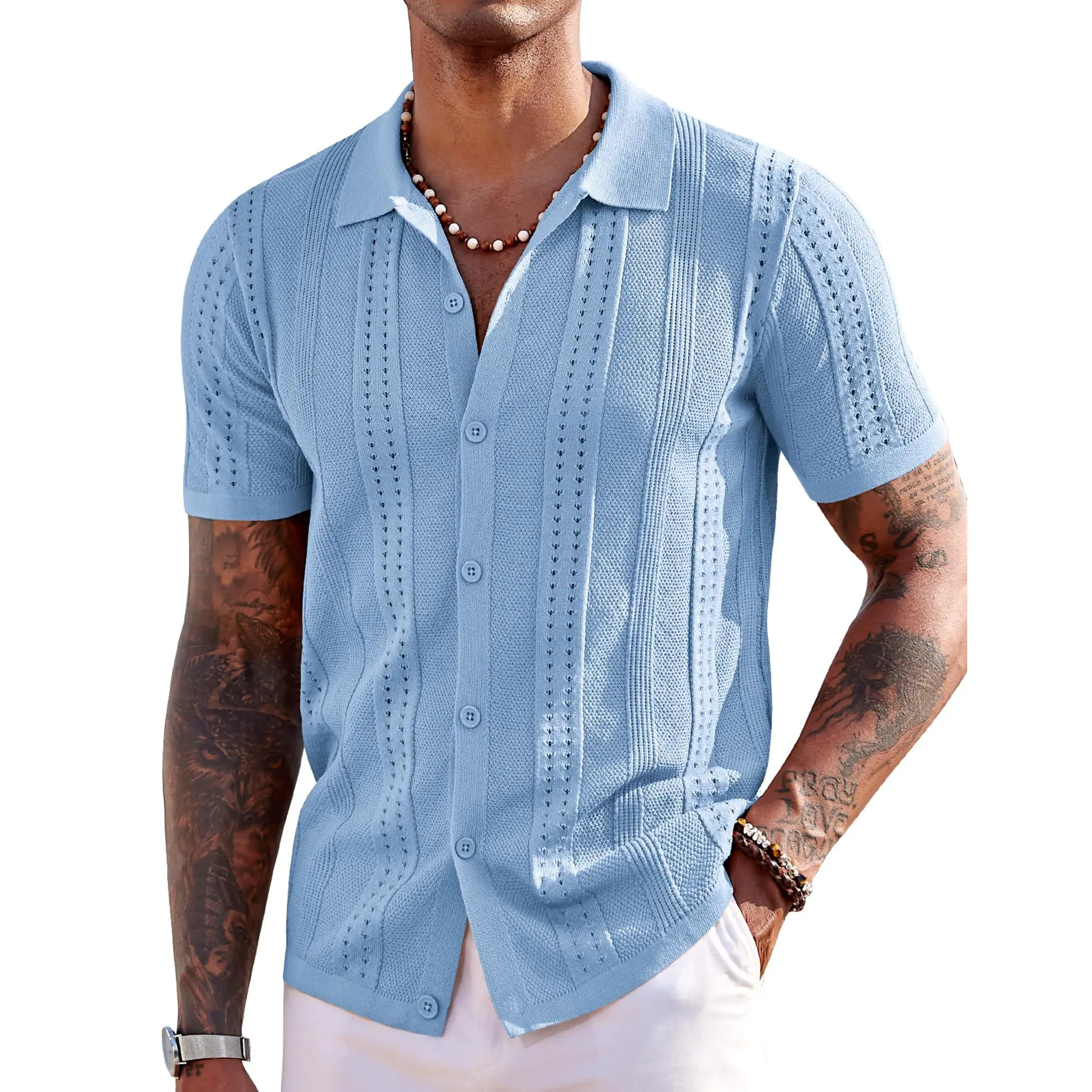 Men's Knit Shirts Short Sleeve Button Down Polo Shirt Fashion Casual Summer Beach Shirts