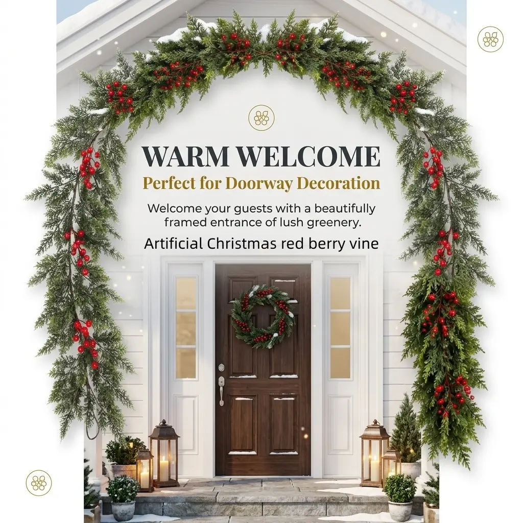 70ft Traditional Artificial Pine Christmas Wreath - Bendable Branches, Glossy Plastic Red Berries, Waterproof Fruit Accents - Indoor-Outdoor Festive Home Decor for Porches, Weddings, Berry, Water Proof