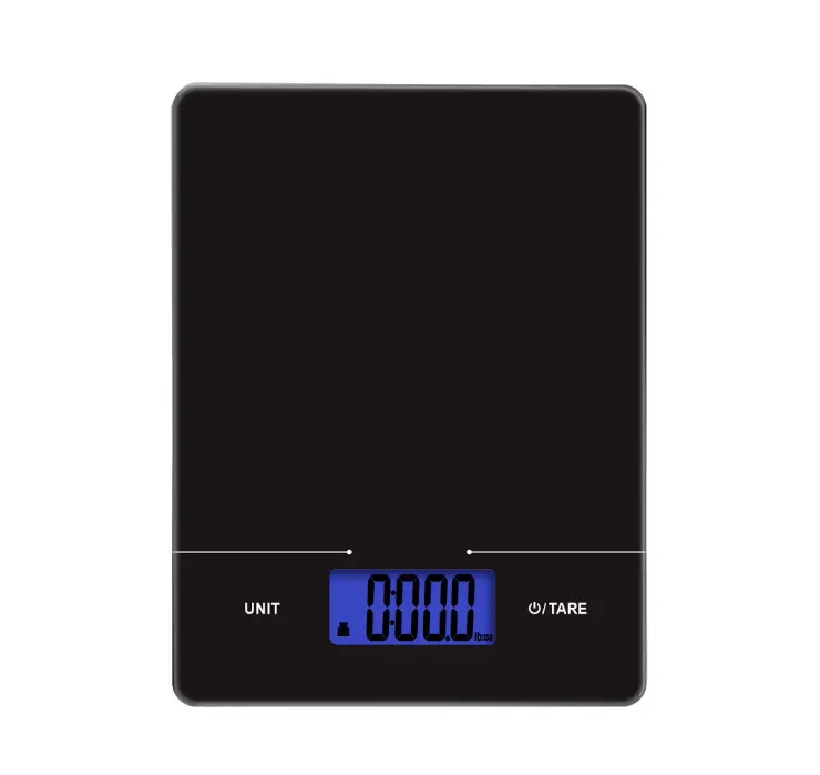 Black Slimline Digital Scale with Tempered Glass Surface Blue Backlit Display for Accurate Measurements in Kitchen Baking & Portion Control
